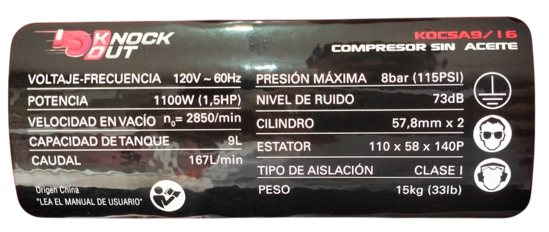 Compresor Portatil 1.5HP 9LTS Silencioso Knock Out