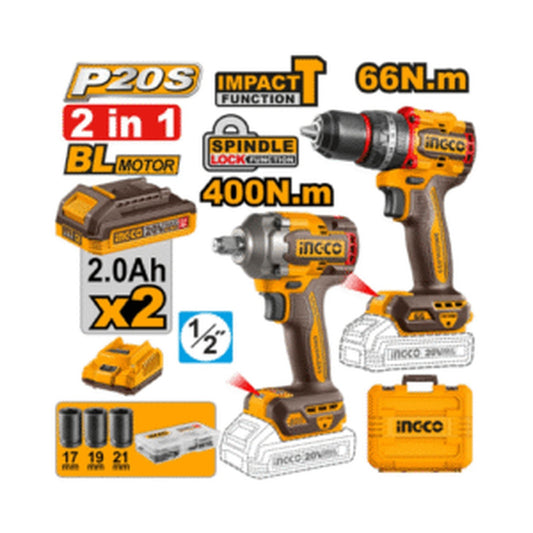 Combo Taladro Inalámbrico Percutor 20V y Llave de Impacto 400Nm 20V Ingco