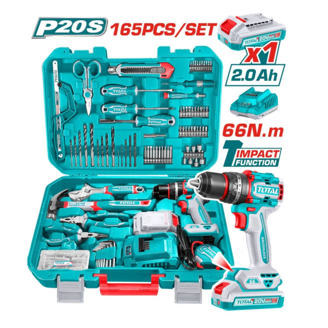 Taladro Inalambrico Percutor 20V 66Nm más 165 Herramientas Total