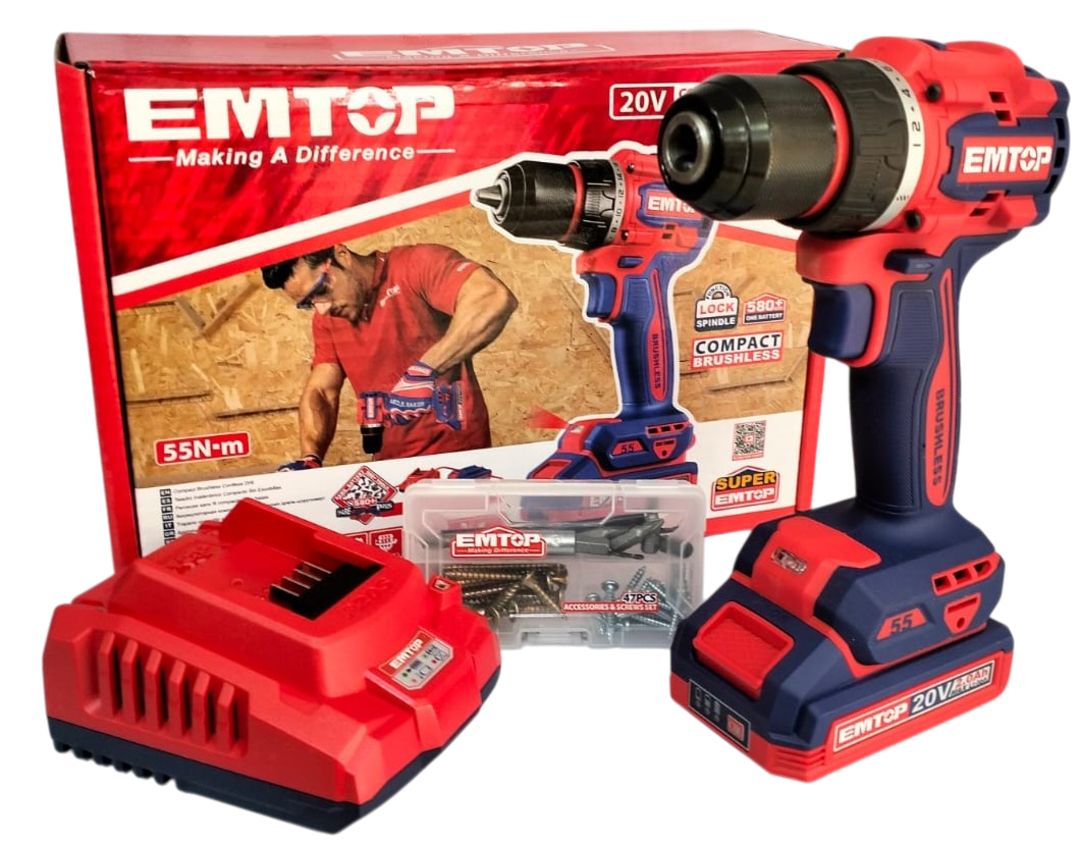Taladro Atornillador 20V 2.0Ah 1/2" 55Nm Motor Brushless Emtop