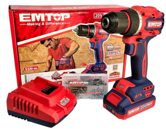 Taladro Atornillador 20V 2.0Ah 1/2" 55Nm Motor Brushless Emtop