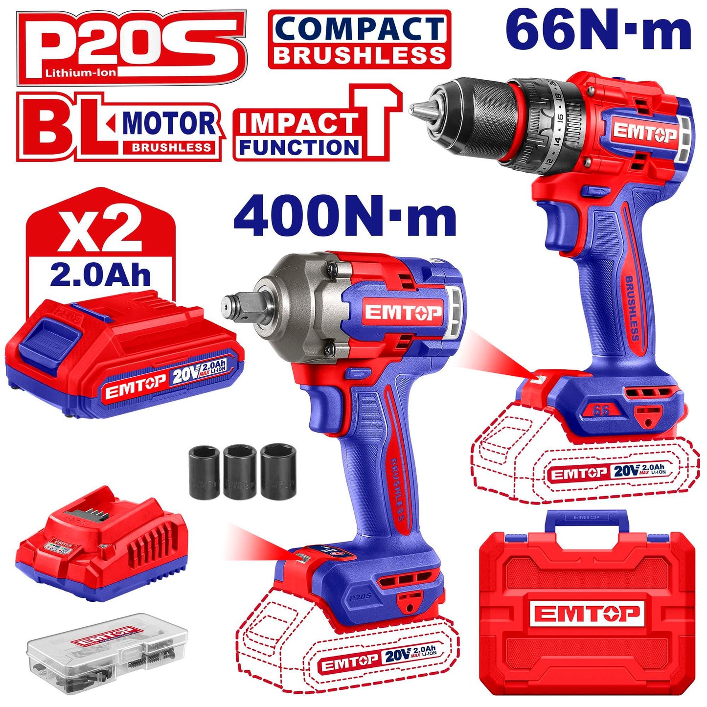 Combo Taladro Percutor y Llave de Impacto 400nm 20V Emtop